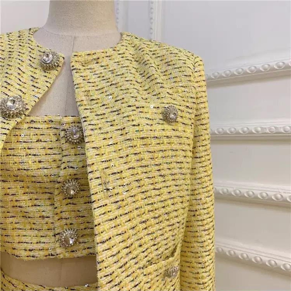 Yellow Tweed Crop Top Jacket + Skirt Set - Picture 4 of 8